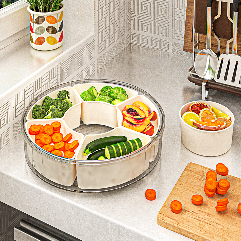 Вращающийся поднос для фруктов с 6 отделениями, прозрачный разделенный поднос для закусок, специй, вращающийся контейнер для закусок с крышкой